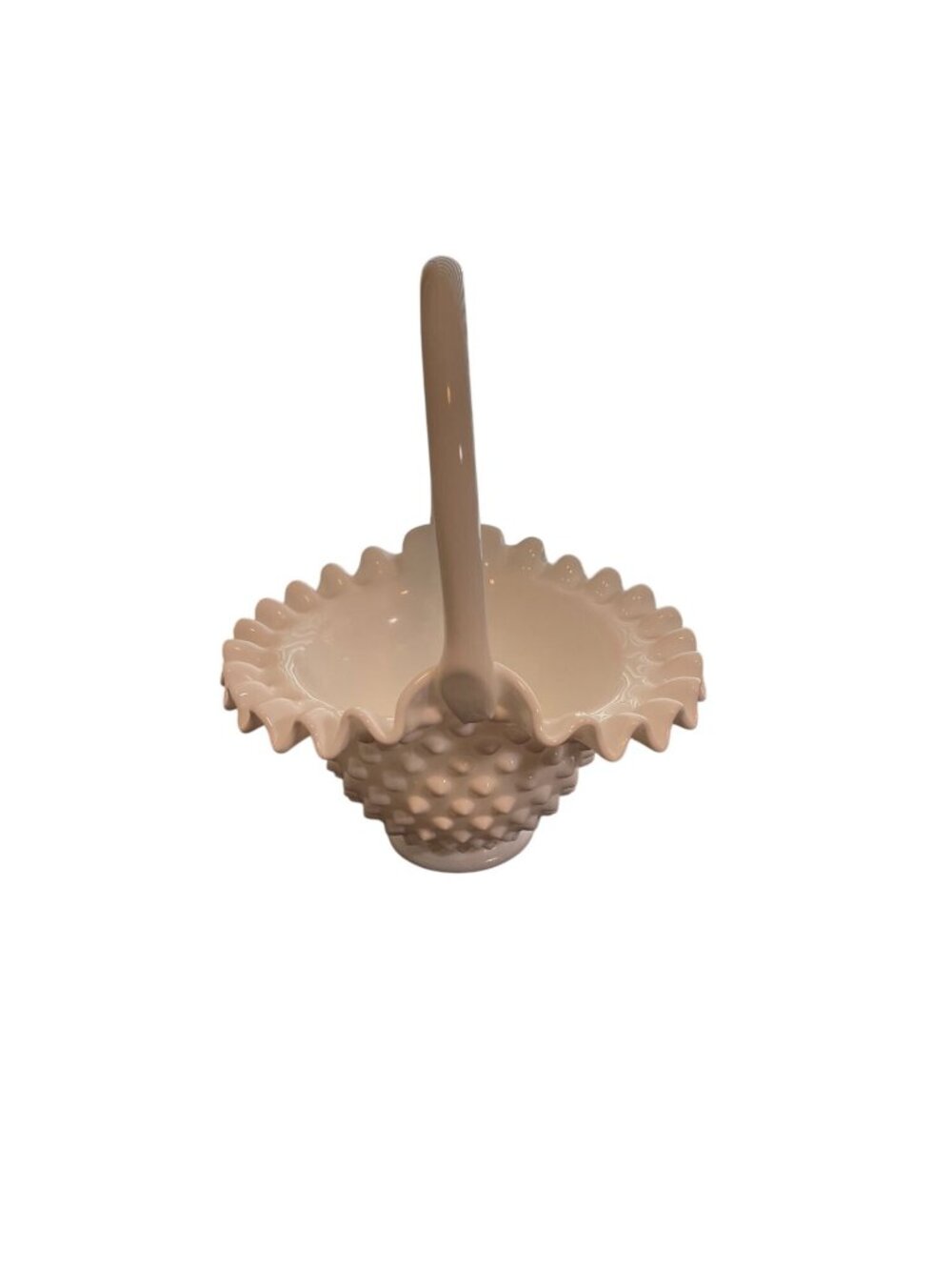 Vintage Fenton White Milk Glass Ruffled Hobnail Handled Basket
